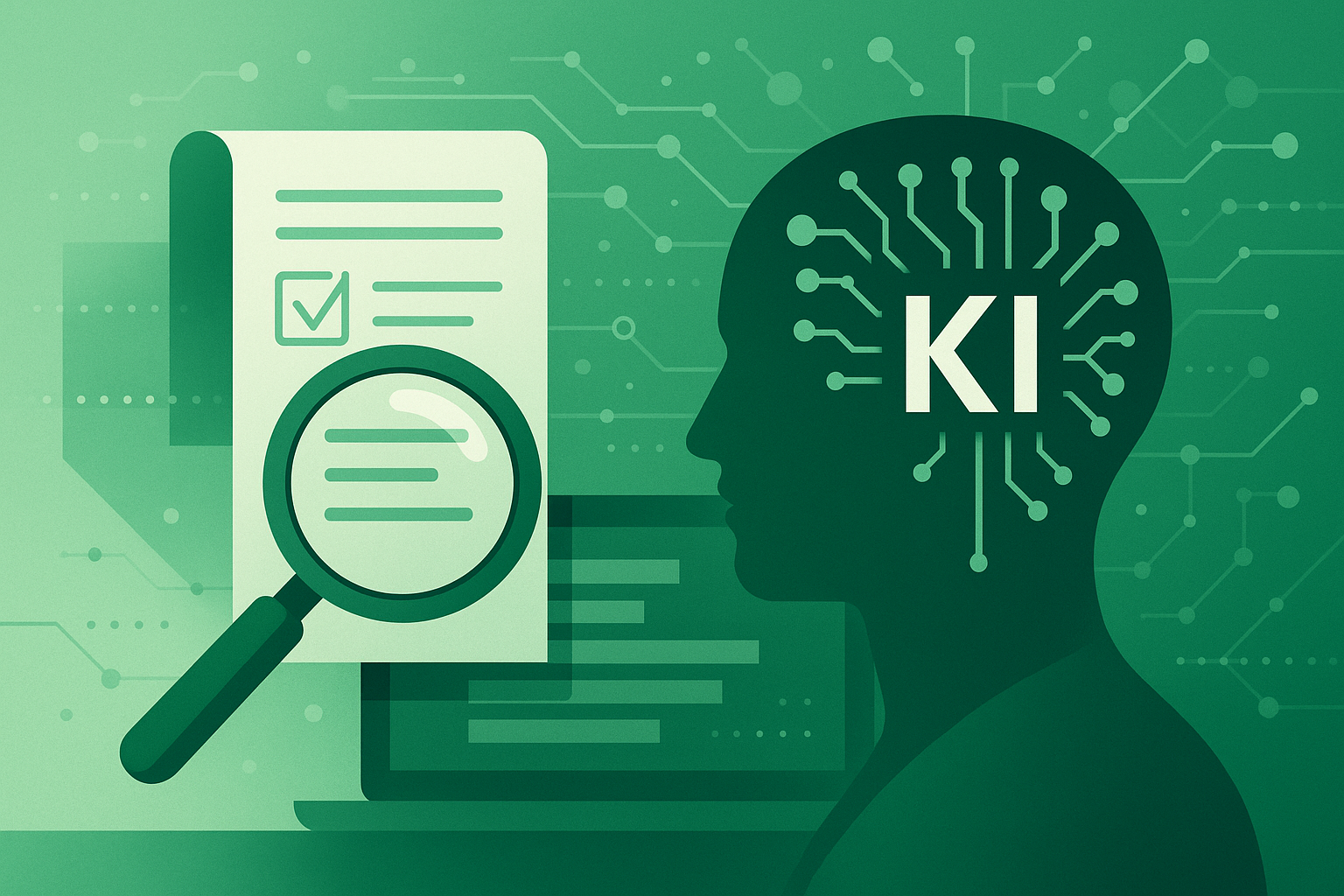 Flache Illustration in Grün: Auf der linken Seite eine Lupe, die ein Dokument mit Checkboxen inspiziert; rechts ein Kopf-Profil mit eingeblendeten Schaltkreisen und den Buchstaben „KI“, im Hintergrund digitale Muster und ein Monitor mit Prüfungsdaten.